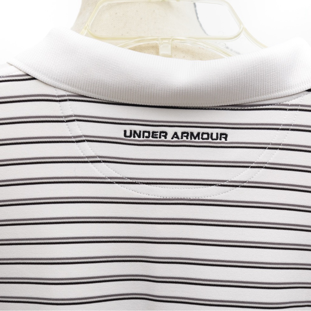 Under Armour heat gear loose fit polo style stripe shirt white, gray, & black XL - Picture 9 of 12